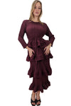 Formal Dresses Long Sleeve Tiered Pleated Midi Dress Burgundy