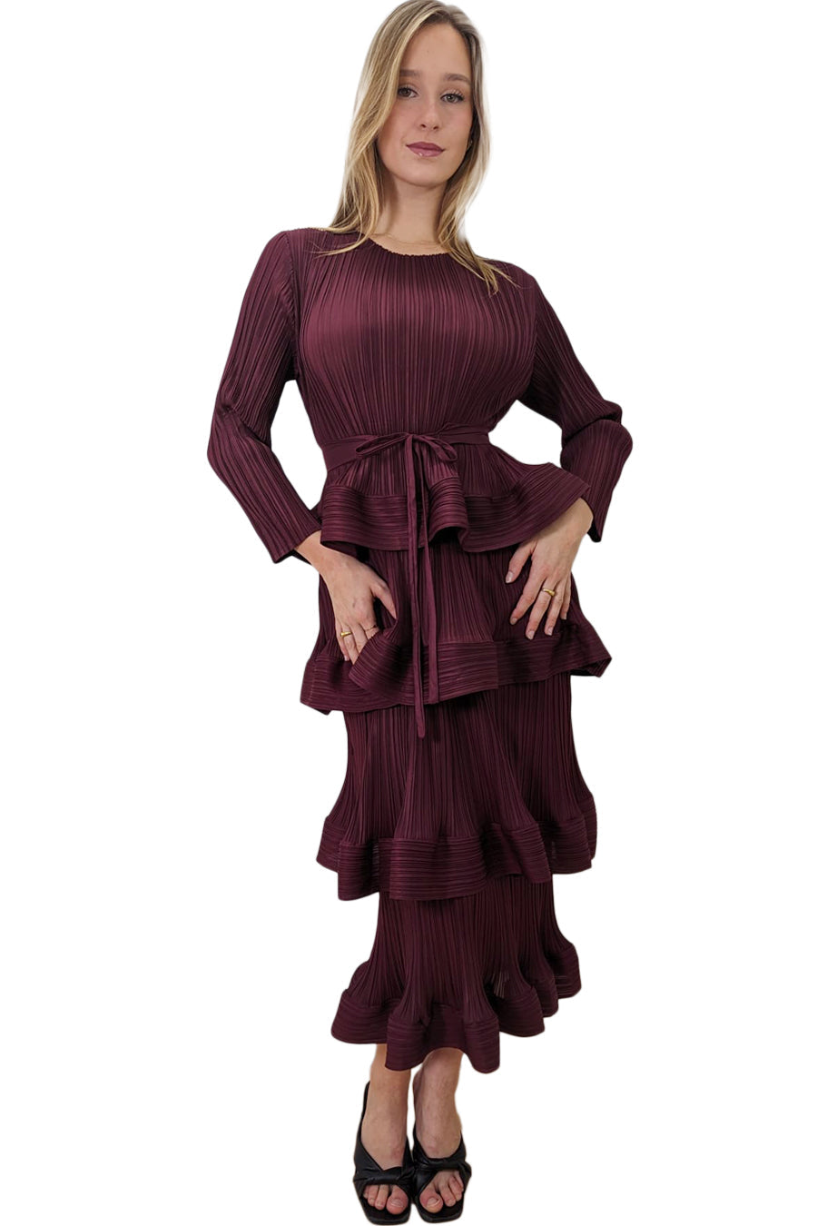 Formal Dresses Long Sleeve Tiered Pleated Midi Dress Burgundy