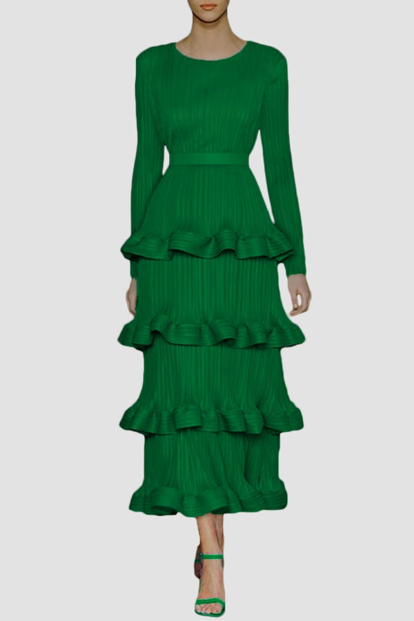 Formal Dresses Long Sleeve Tiered Pleated Midi Dress Green