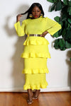 Formal Dresses Long Sleeve Tiered Pleated Midi Dress Yellow