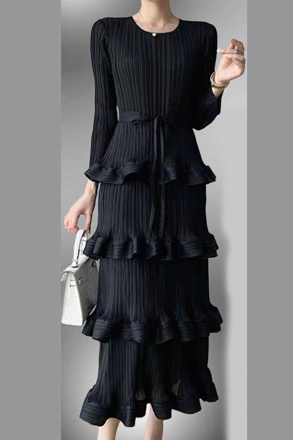 Formal Dresses Long Sleeve Tiered Pleated Midi Dress Black