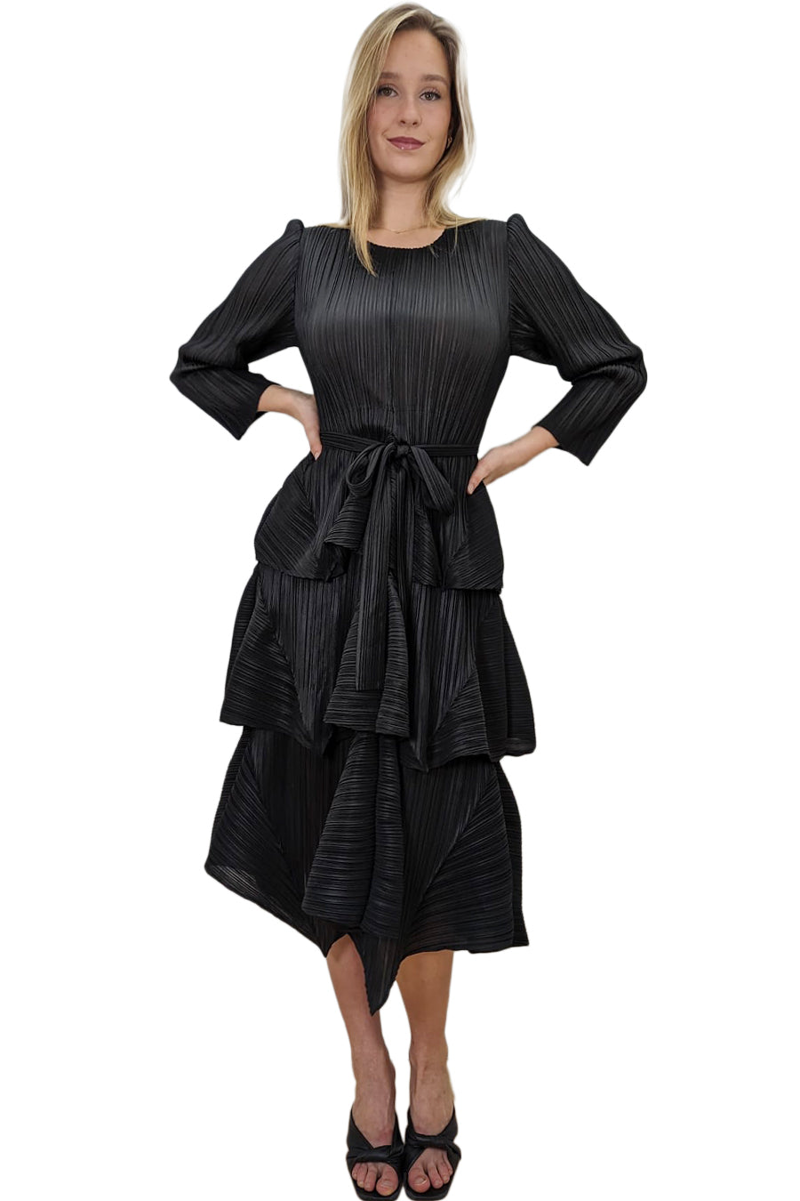 Cocktail Dresses 3/4 Sleeve Layered Wrap Belt Midi Dress Black