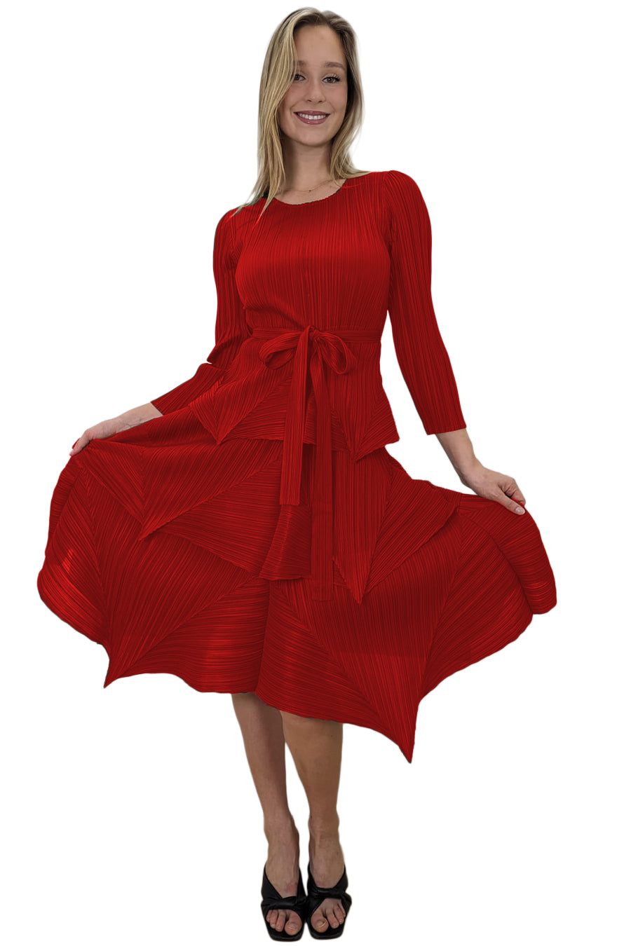 Cocktail Dresses 3/4 Sleeve Layered Wrap Belt Midi Dress Red