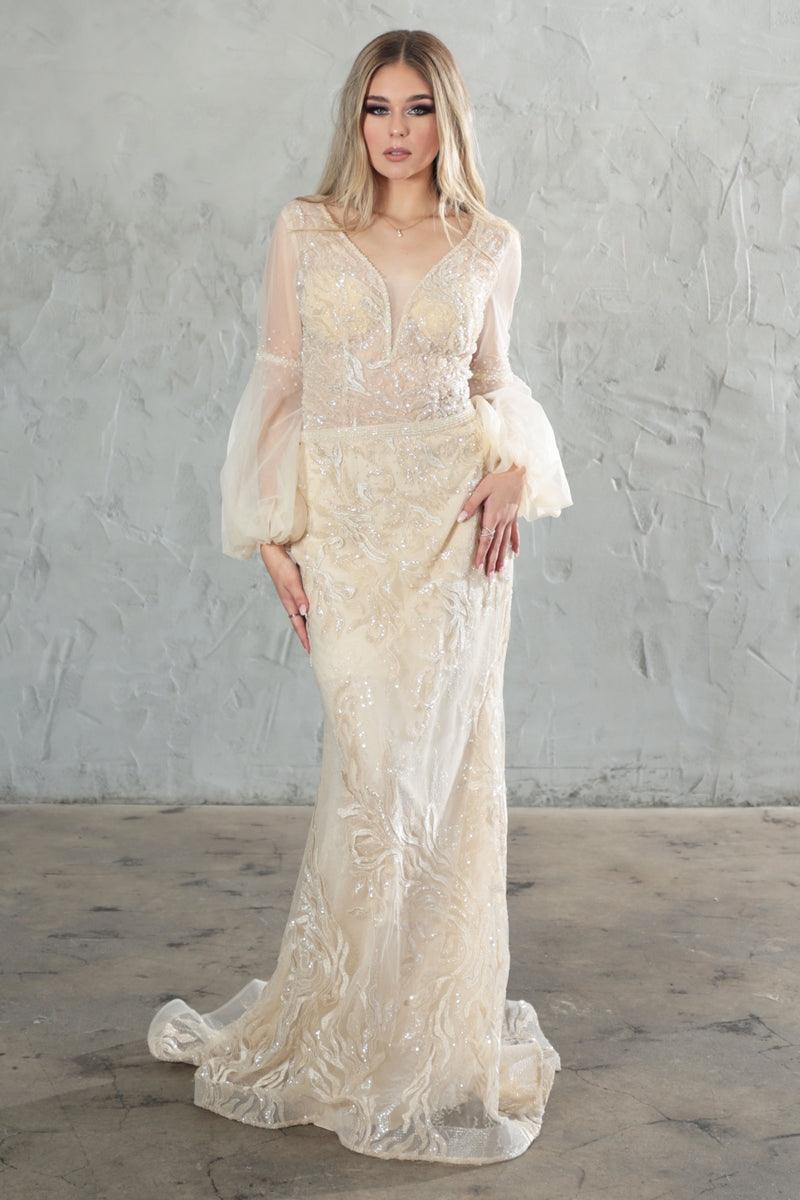 Formal Dresses Long Sleeve Formal Fitted Evening Dress Beige