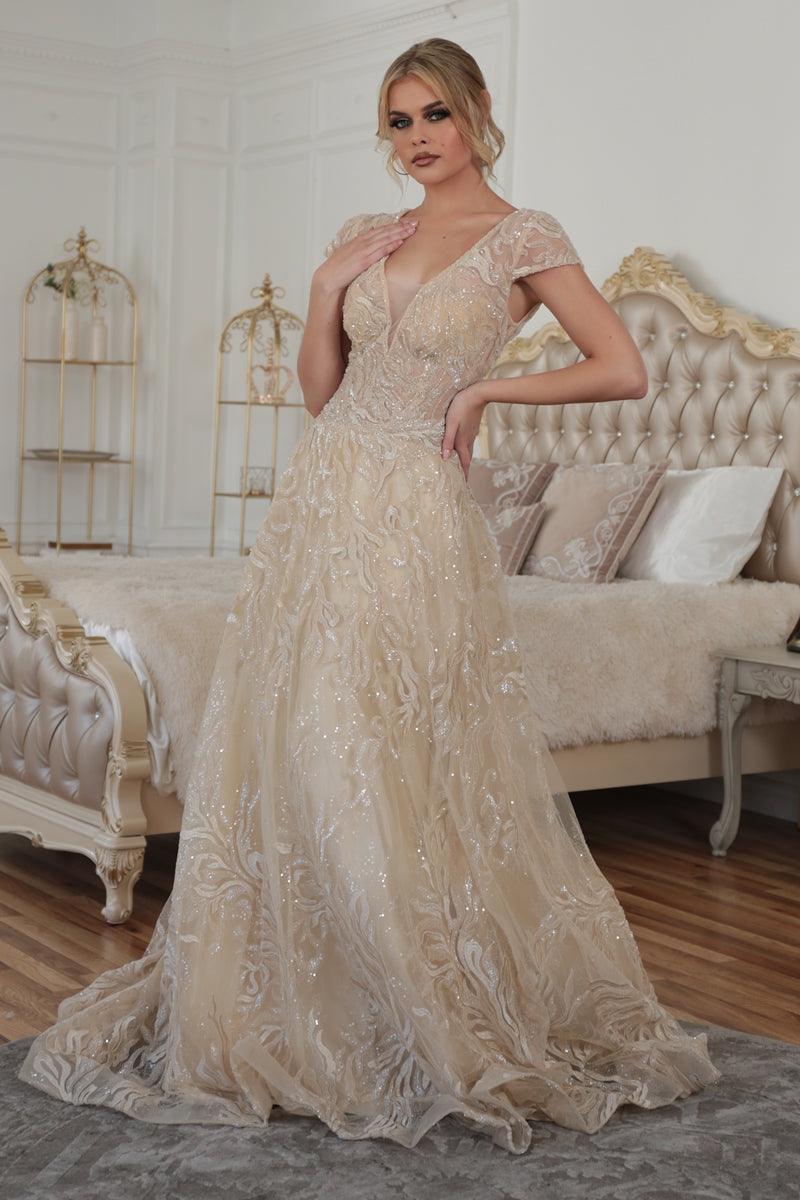 Prom Dresses Long Cap Sleeve Prom Ball Gown Gold