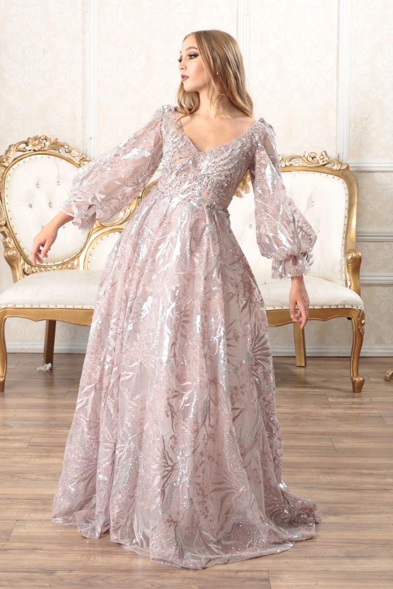 Prom Dresses Prom Long Puff Sleeve Glitter Ball Gown Dusty Rose