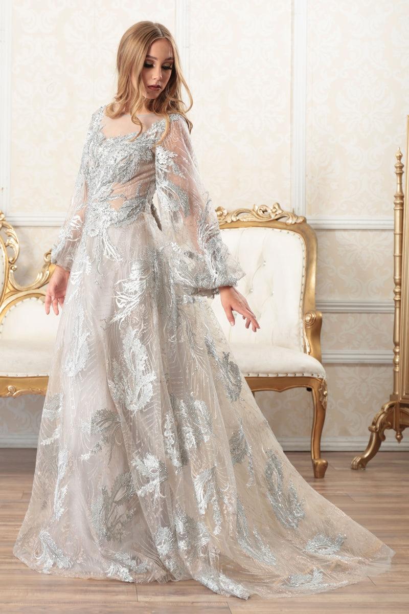 Prom Dresses Prom Long Sleeve Formal A Line Ball Gown Grey