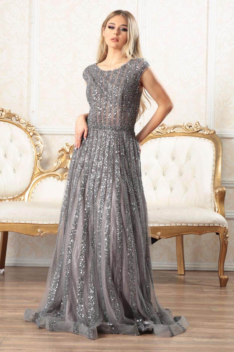 Prom Dresses Prom Long Cap Sleeve A Line Ball Gown Grey