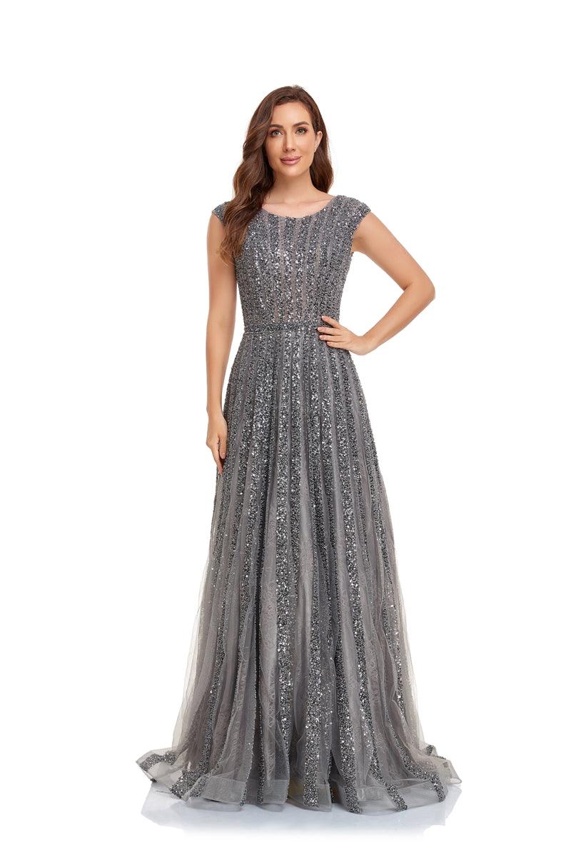 Prom Dresses Prom Long Cap Sleeve A Line Ball Gown Grey