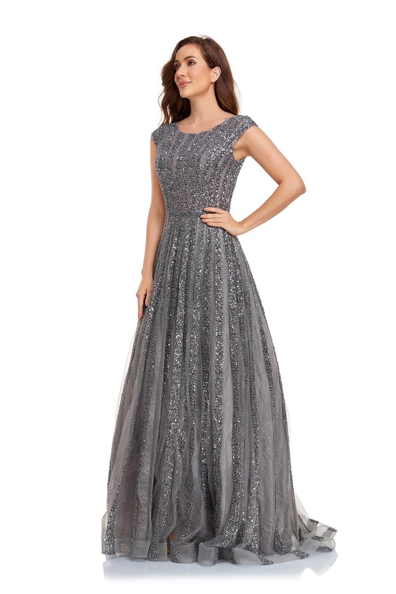 Prom Dresses Prom Long Cap Sleeve A Line Ball Gown Grey