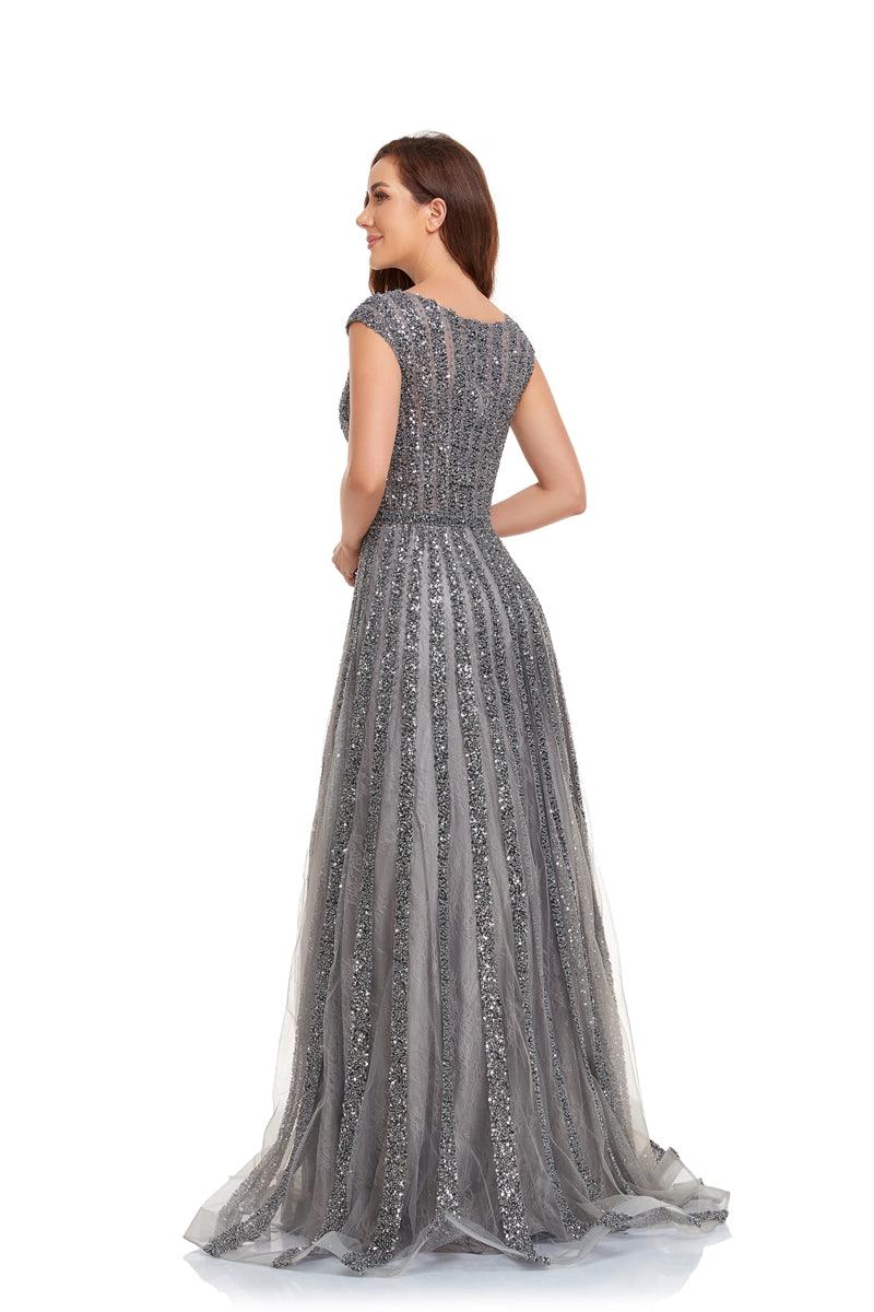 Prom Dresses Prom Long Cap Sleeve A Line Ball Gown Grey