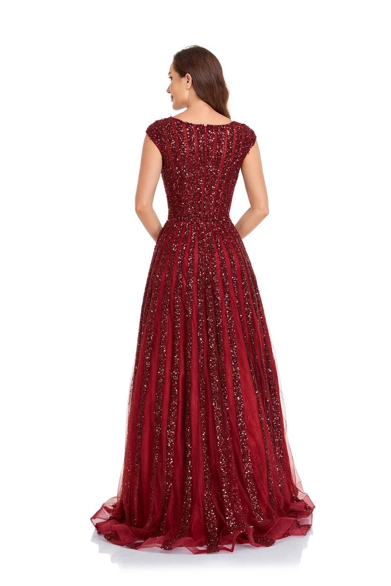 Prom Dresses Prom Long Cap Sleeve A Line Ball Gown Maroon