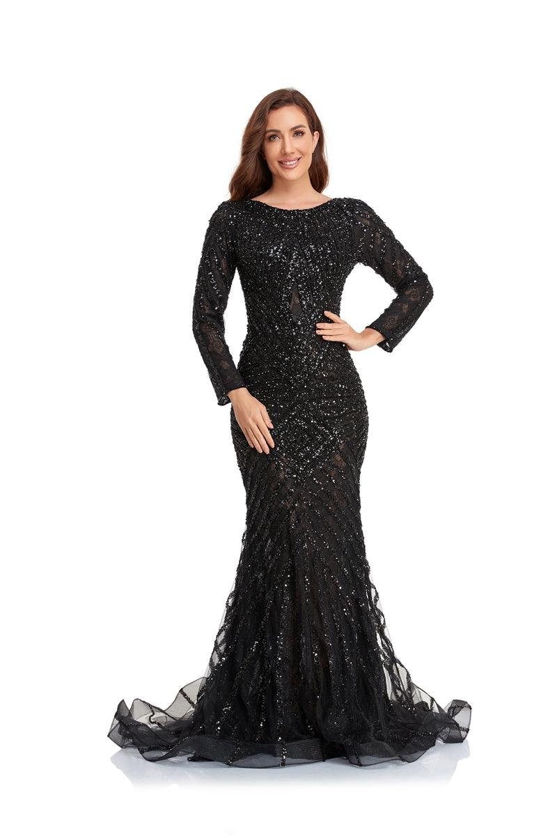 Formal Dresses Long Sleeve Beaded Formal Dress Black