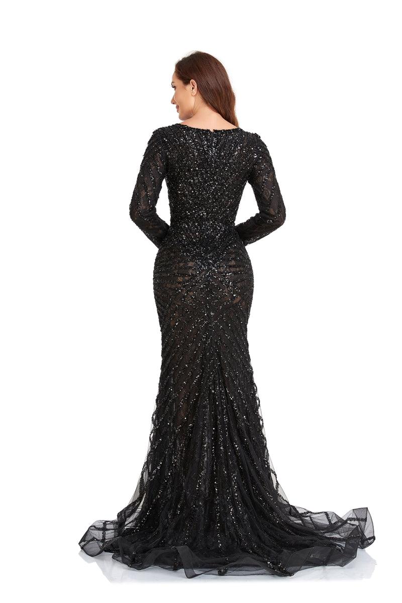 Formal Dresses Long Sleeve Beaded Formal Dress Black