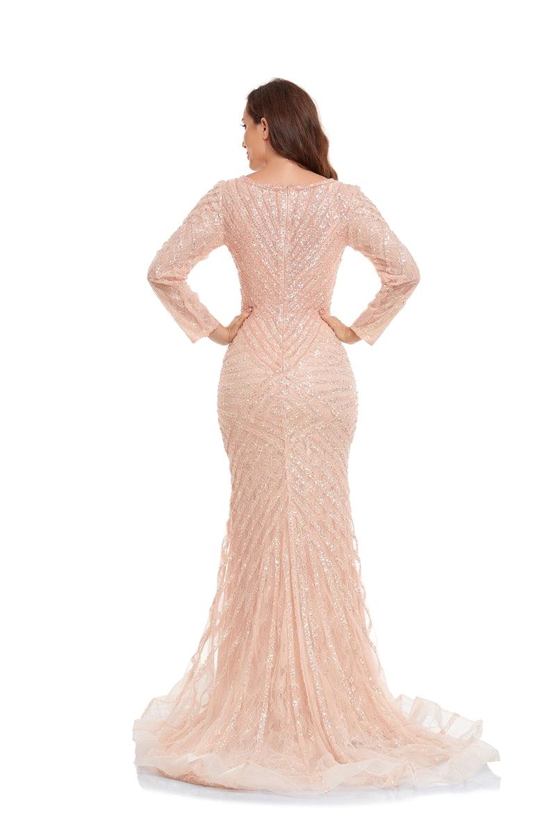 Formal Dresses Long Sleeve Beaded Formal Dress Pink