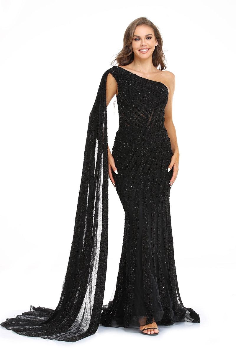 Prom Dresses Long One Shoulder Formal Prom Gown Black