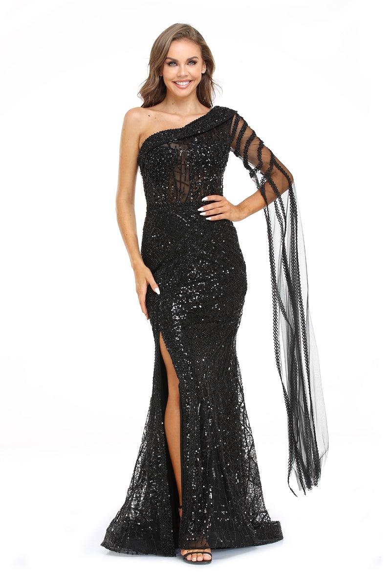 Prom Dresses Long One Shoulder Evening Prom Dress Black