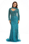 Prom Dresses Long Sleeve Formal Beaded Prom Gown Turquoise