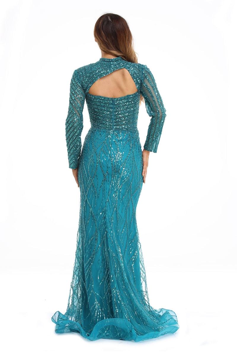 Prom Dresses Long Sleeve Formal Beaded Prom Gown Turquoise