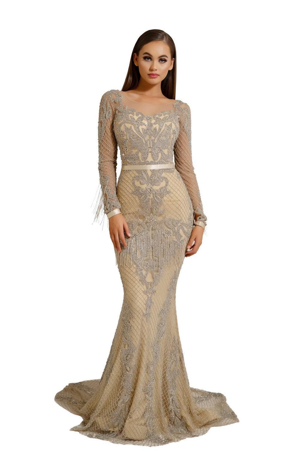 Formal Dresses Long Sleeve Fitted Formal Gown Silver Nude