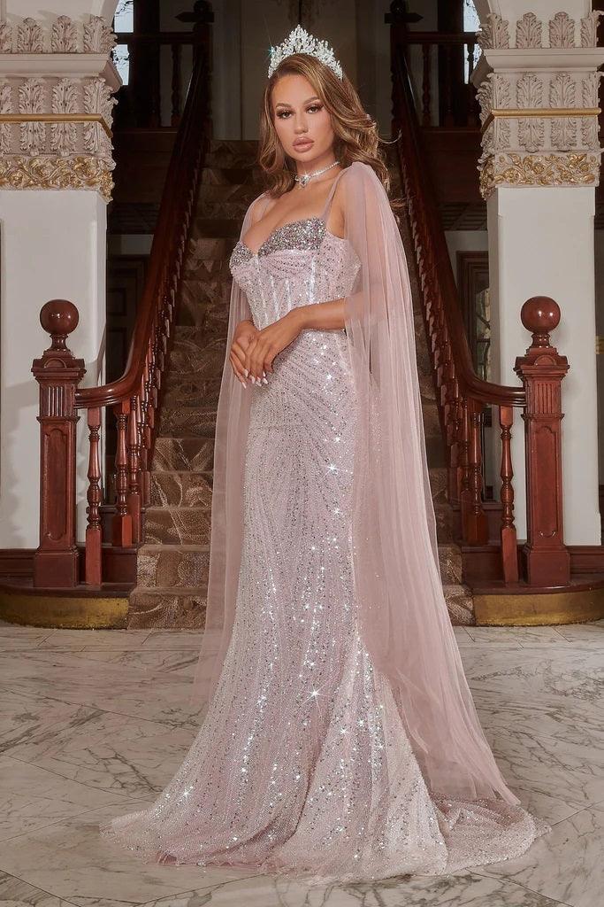 Prom Dresses Long Formal Fitted Prom Cape Dress Pink