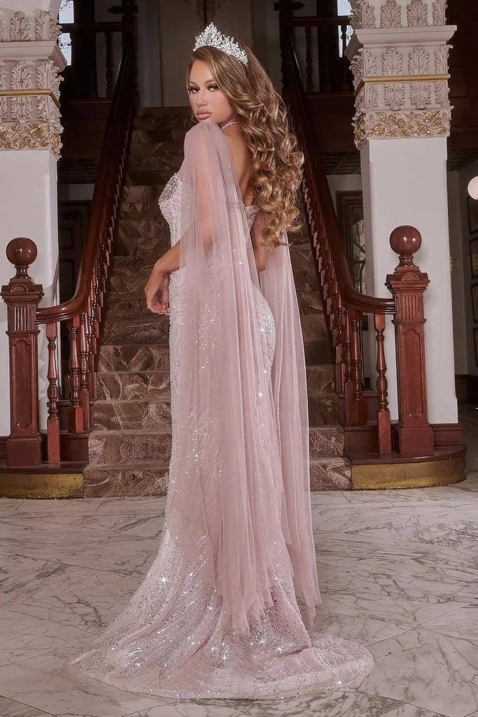 Prom Dresses Long Formal Fitted Prom Cape Dress Pink