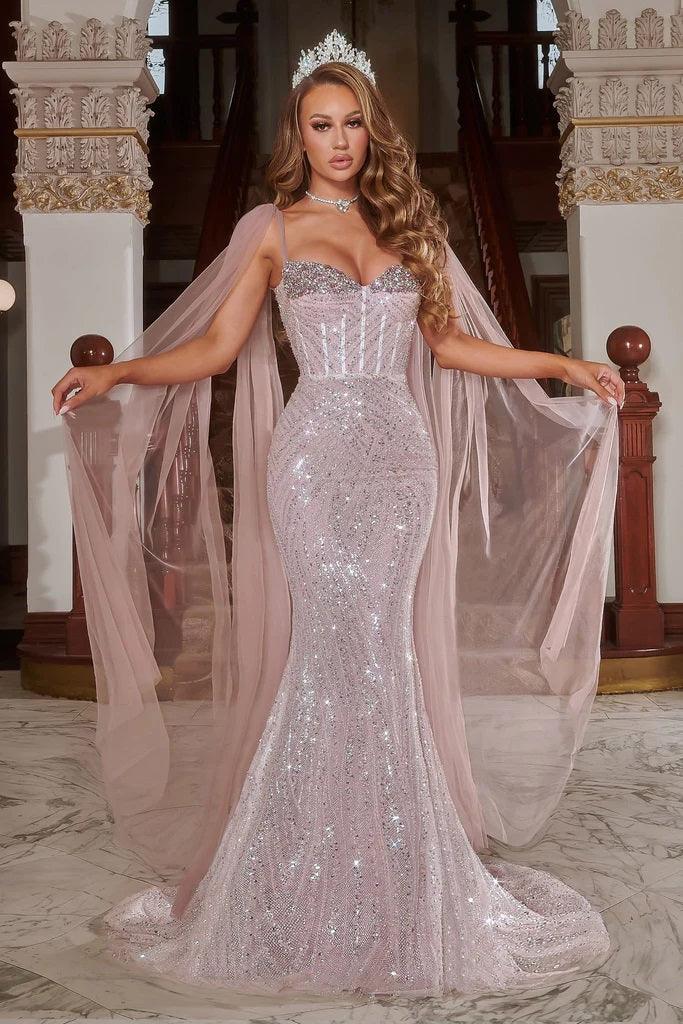 Prom Dresses Long Formal Fitted Prom Cape Dress Pink