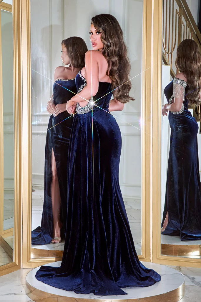 Prom Dresses Long One Shoulder Velvet Prom Dress Navy