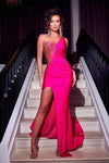 Prom Dresses Long One Shoulder Beaded Prom Gown Hot Pink