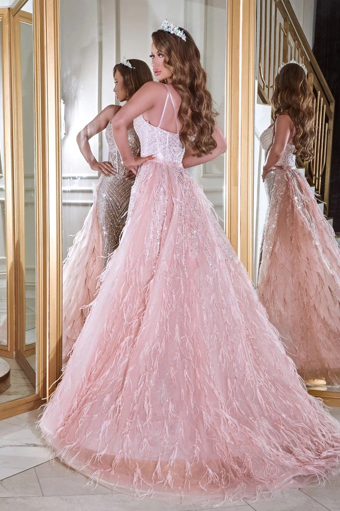 Prom Dresses Long Feathered Overskirt Prom Dress Pink