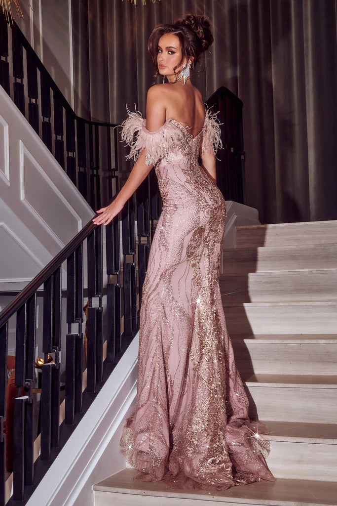 Prom Dresses Long Feather Off Shoulder Prom Dress Rose Gold