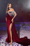 Prom Dresses Long Fitted Beaded Velvet Prom Gown Deep Red