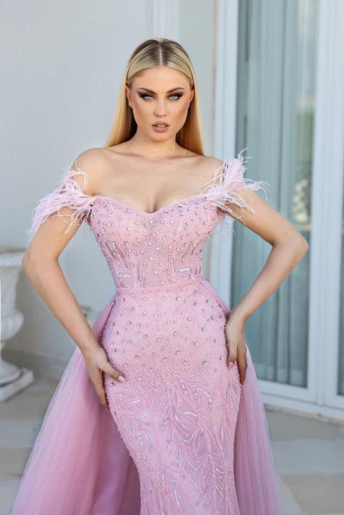 Prom Dresses Long Feather Off Shoulder Prom Gown Pink