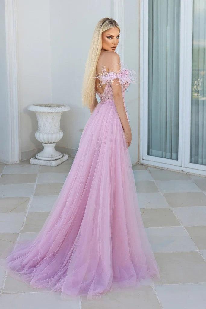 Prom Dresses Long Feather Off Shoulder Prom Gown Pink