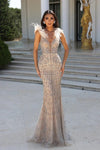 Prom Dresses Long Feather Shoulder Formal Dress Silver Nude