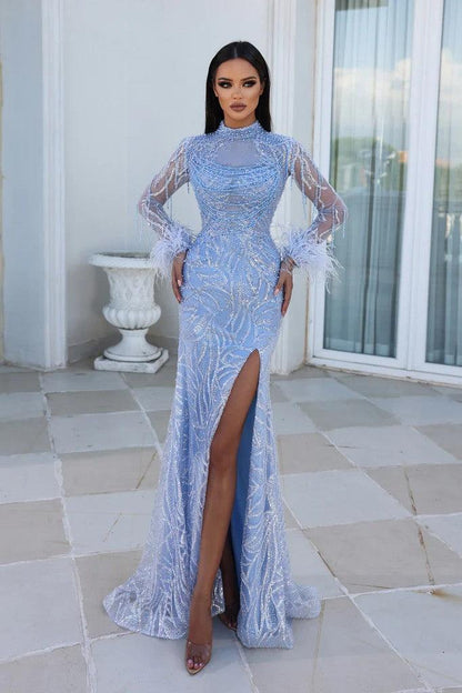 Prom Dresses Long Sleeve Beaded Trumpet Formal Gown Blue