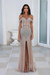 Prom Dresses Long Beaded Off Shoulder Prom Dress Silver Nude