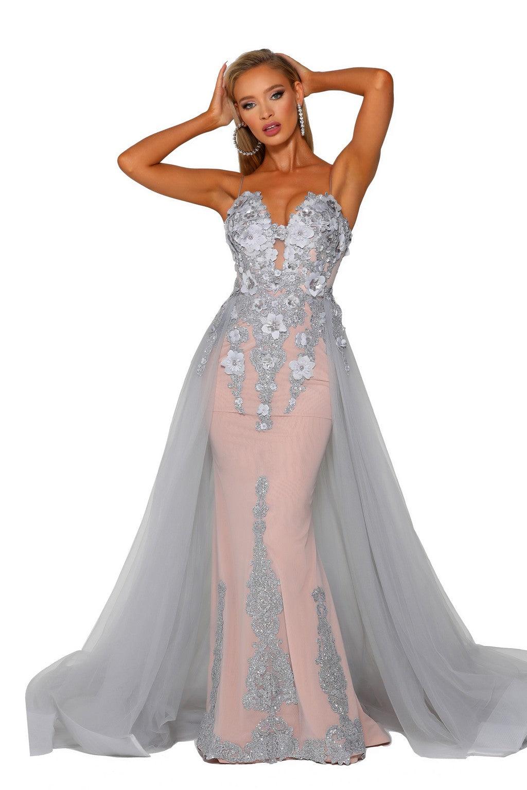 Prom Dresses Long Fitted Overskirt Prom Dress Silver Nude