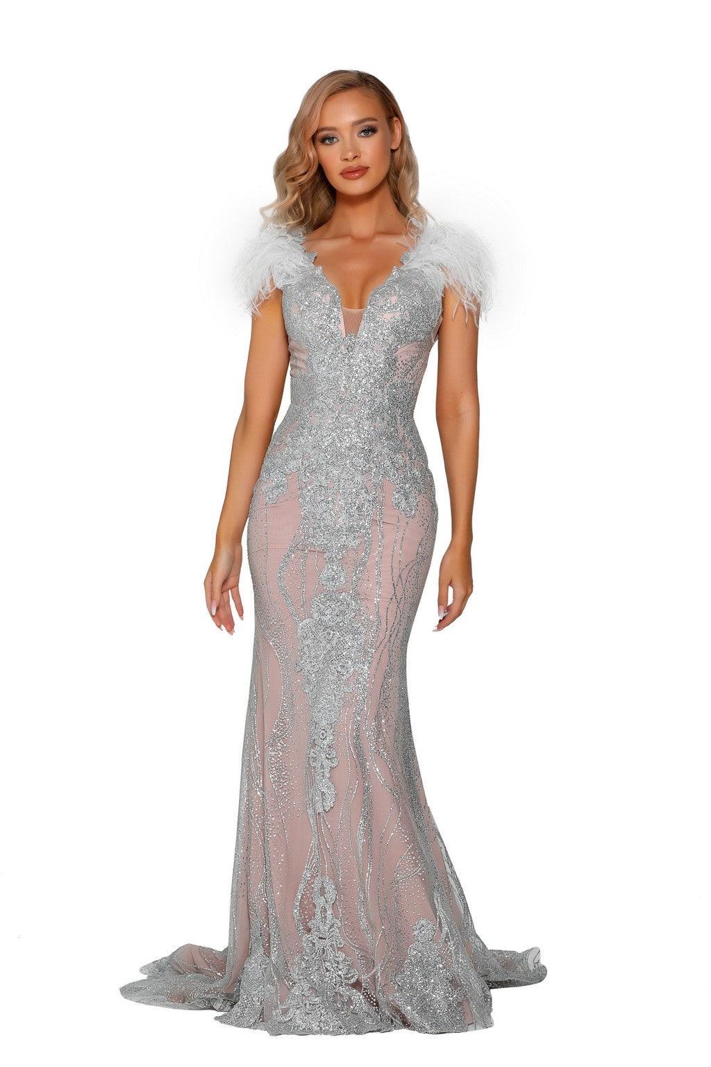 Prom Dresses Long Feather Cap Sleeve Mermaid Formal Gown Silver Nude