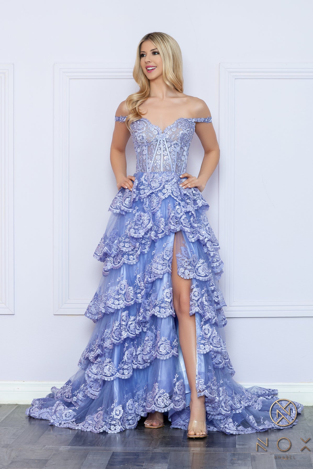 Prom Dresses Raffled Lace Long Prom High Slit Gown Periwinkle