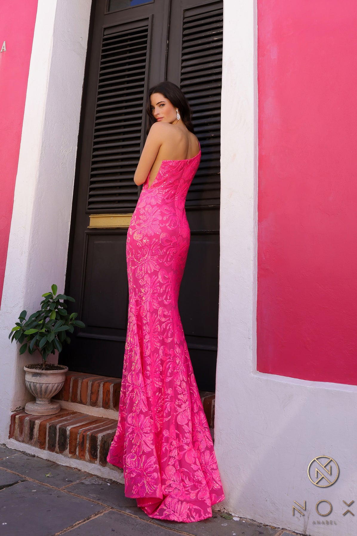 Prom Dresses Fitted Long Prom Sequins Dress Fuchsia