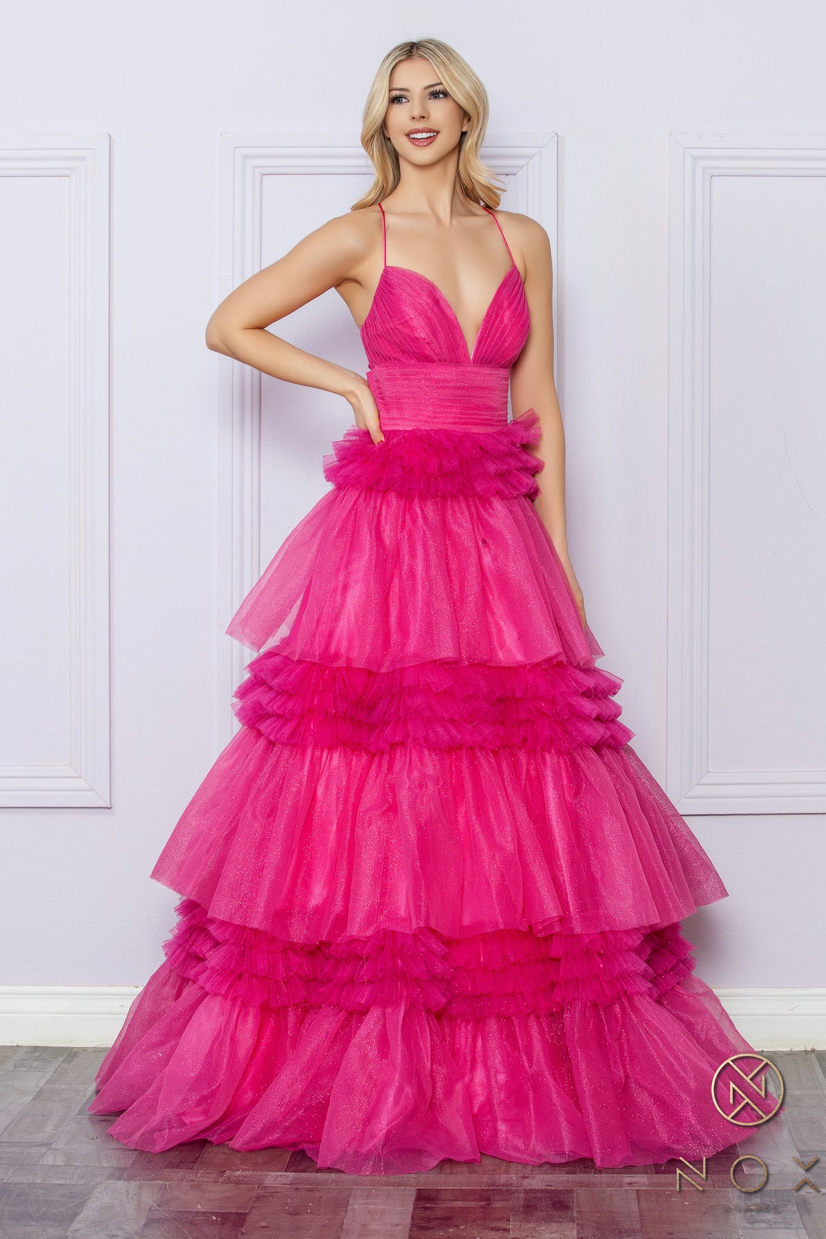 Prom Dresses Layered Ruffle Skirt Long Prom Ballgown Fuchsia