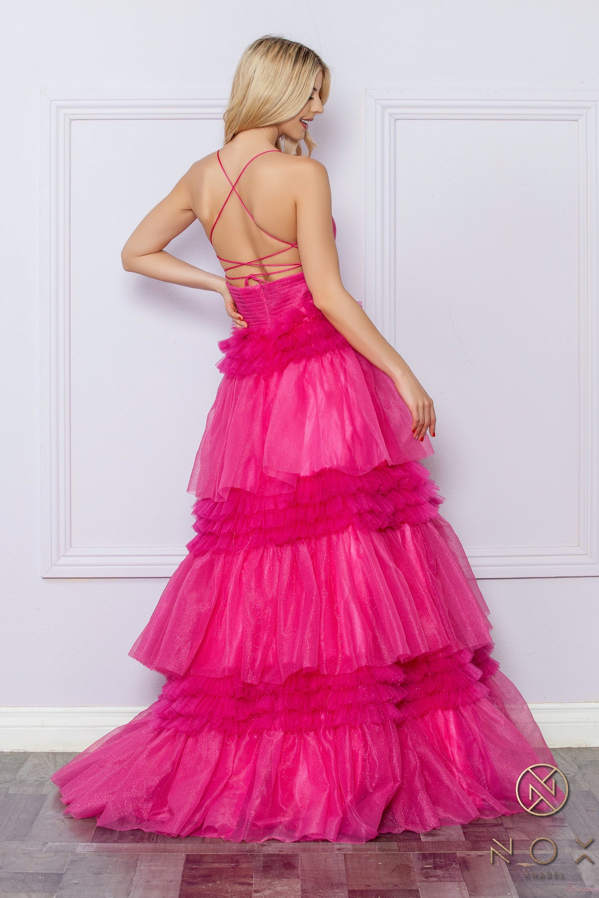 Prom Dresses Layered Ruffle Skirt Long Prom Ballgown Fuchsia