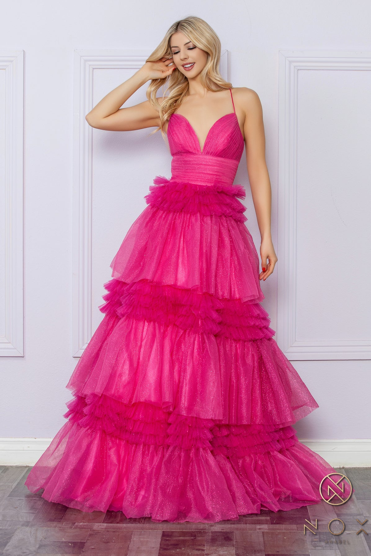 Prom Dresses Layered Ruffle Skirt Long Prom Ballgown Fuchsia