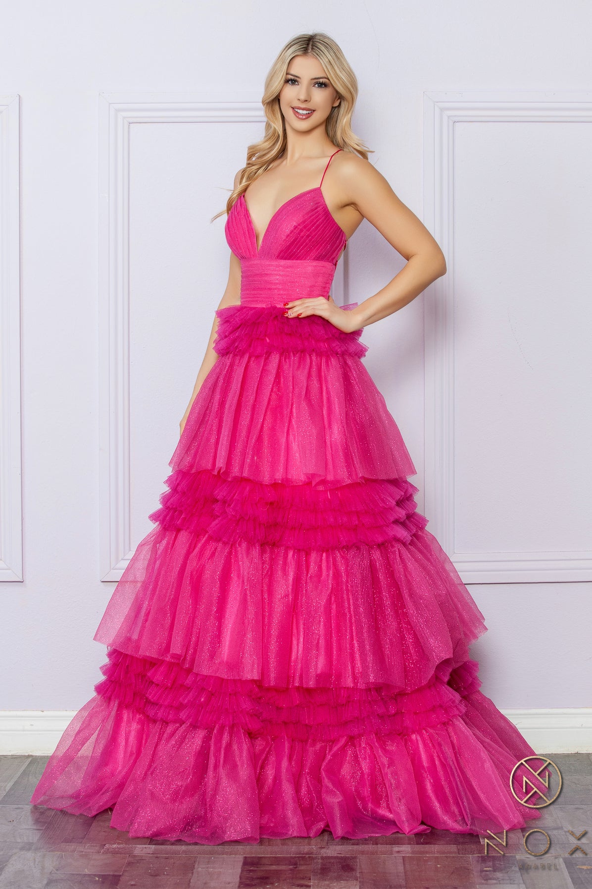 Prom Dresses Layered Ruffle Skirt Long Prom Ballgown Fuchsia