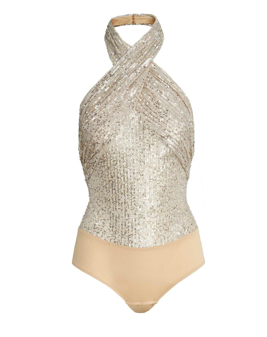 Top Formal Halter Neckline Sequined Top Nude Silver