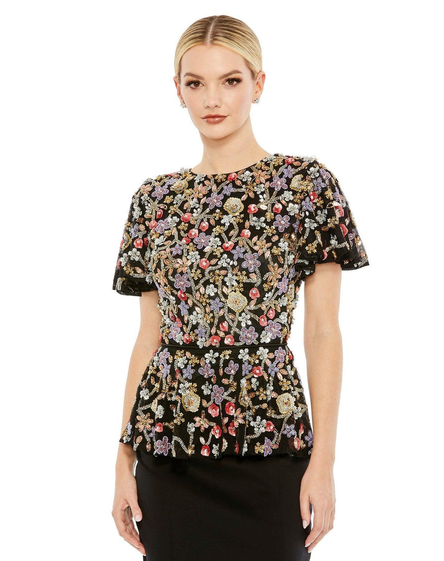 Top Short Sleeve Formal Beaded Floral Sequin Top  Black Multi