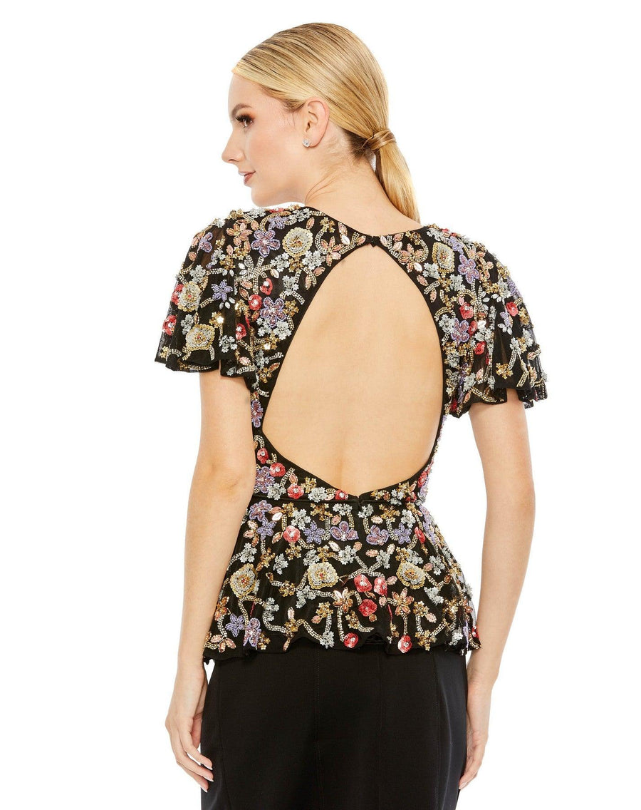 Top Short Sleeve Formal Beaded Floral Sequin Top  Black Multi