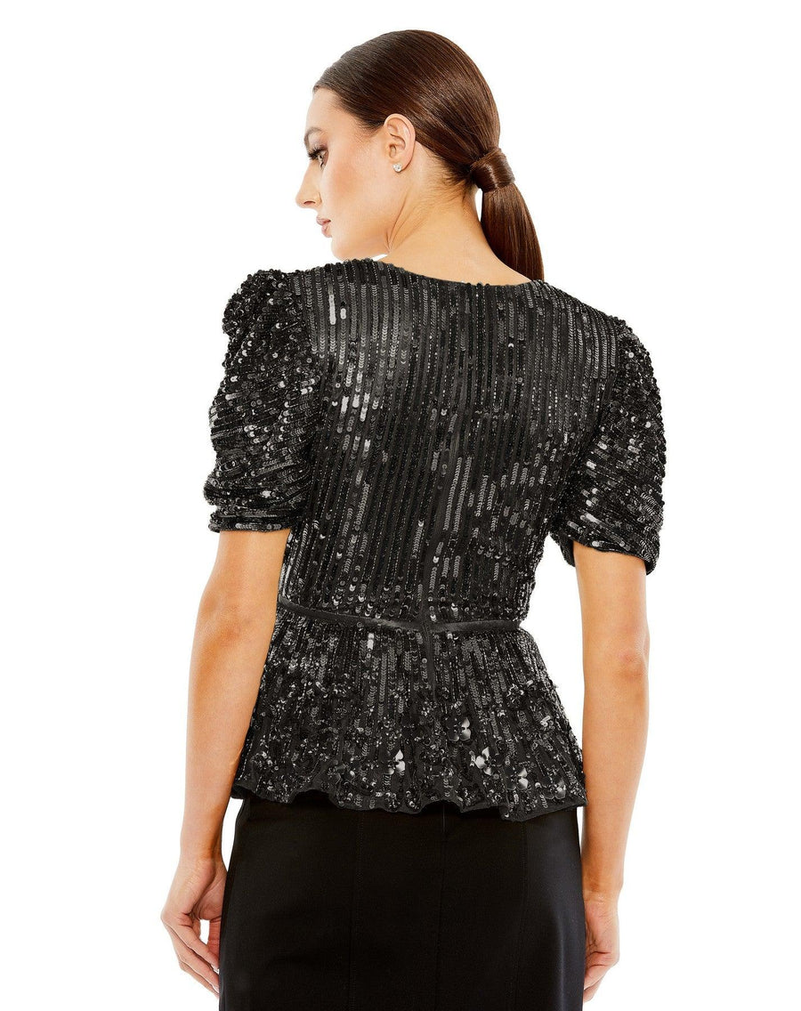 Top Formal Beaded Sequin Short Sleeve Top Black