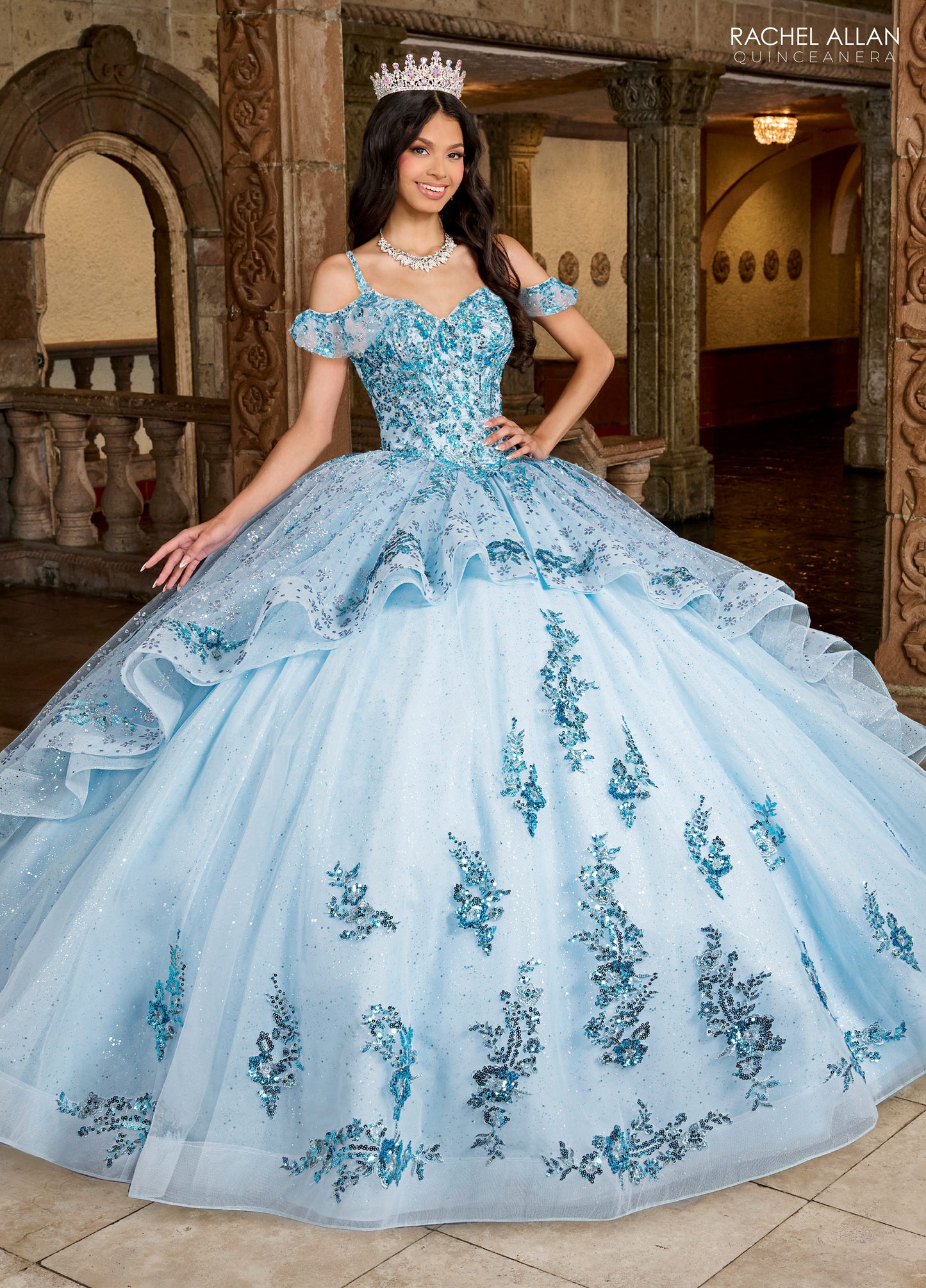 Quinceniera Dresses Quinceniera Ruffle Long Ball Gown Light Blue